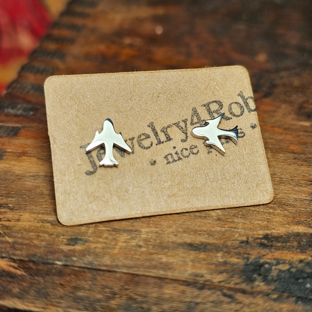 Airplane Earrings Silver Stainless Steel Stud Travel Aviation Minimalist